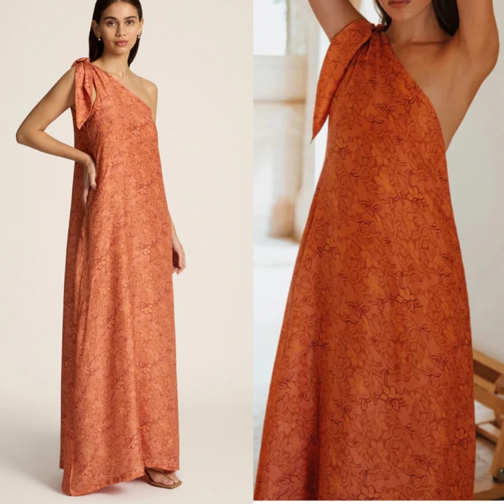 Hannah Artwear Helena One Shoulder Silk Maxi Dress Vacation Boho Preppy Womens 6